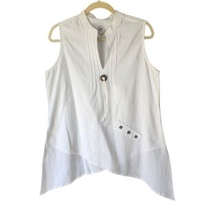 Blanc du Nil Lagenlook Tunic Top White 100% Cotton Asymmetrical Sleeveless M/L